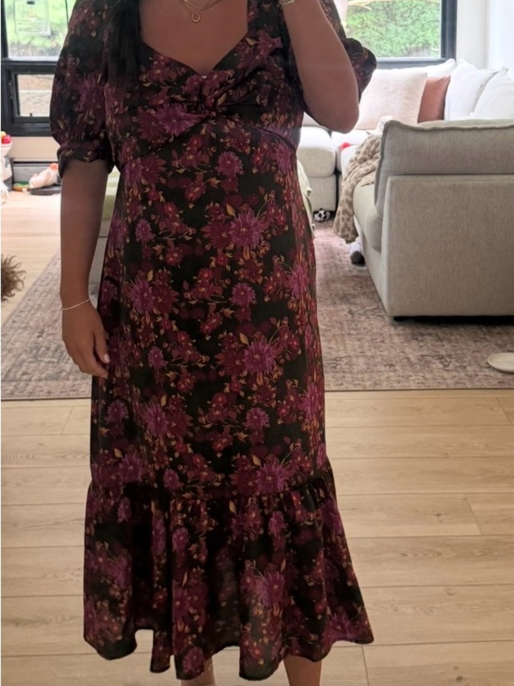 Anthropologie Dark Floral Puff-Sleeve Midi Dress in Plum and Black